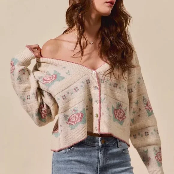 SO ME‎ Floral Pattern Long Sleeve Button Sweater Cardigan